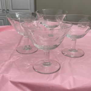 SET OF 4 EUC VTG CHAMPAGNE COCKTAIL COUPES WITH J. HUGHES CORNFLOWER ETCHING
